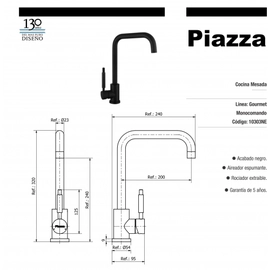 Griferia Cocina Monocomando Gourmet 10303ne Piazza