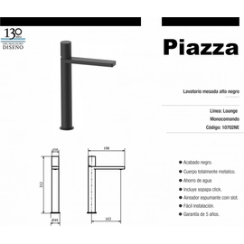 Griferia Lavatorio Monocomando Lounge Mesada Alto Negro Piazza 10702NE