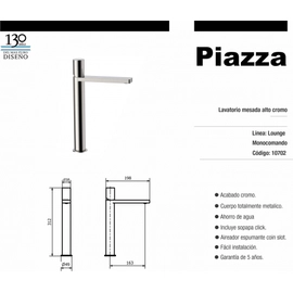 Griferia Lavatorio Monocomando Lounge Mesada Alto Cromo Piazza 10702