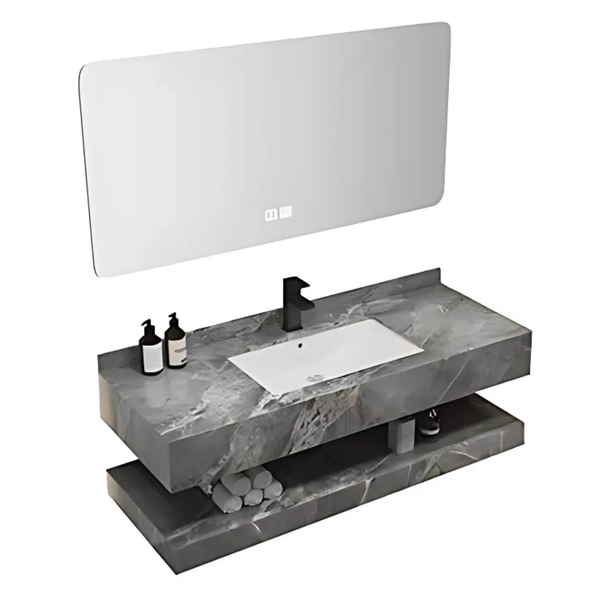 Vanitory Uhome con bacha estante y espejo led marmol gris RO-105-80