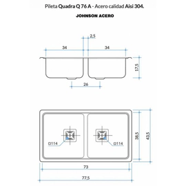 Bacha de cocina Johnson 77.5x43.5x17.5 doble quadra Q76A