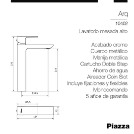 Grifería de bacha Piazza ARQ 10402 acabado cromado