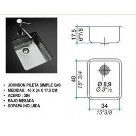 Bacha Cocina Johnson Simple Quadra 40x34x17.5 Q40