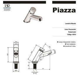 Griferia de lavatorio Piazza Piazzamatic 45º cr 43010