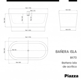 Bañera Isla Piazza Acrilico 1700x800x580 BI170
