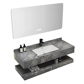 Vanitory Uhome con bacha estante y espejo led marmol gris RO-105-80