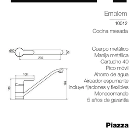 Grifería de Cocina Mesada Piazza Emblem 10012