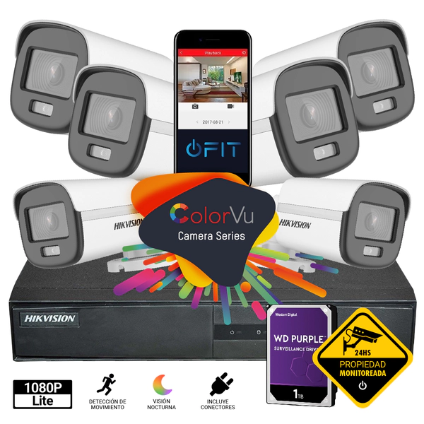 Kit DVR 8CH - Hikvision - 6 Cámaras Bullet Colorvu 1080p + Ficha + Disco