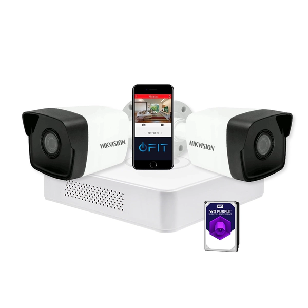 Kit IP NVR 7108 + 2 Cámaras 1023 + Fuente + Disco - Hikvision