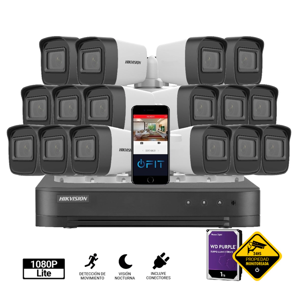Kit DVR - Hikvision - 7216HG + 16 Cámaras 16C0T + Conectores + Disco 1TB