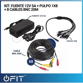 Kit Fuente 12V 5A + Pulpo Divisor 1x8 + 8 Cables BNC 20m