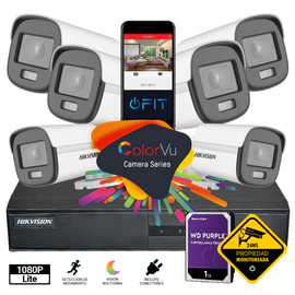 Kit DVR 8CH - Hikvision - 6 Cámaras Bullet Colorvu 1080p + Ficha + Disco