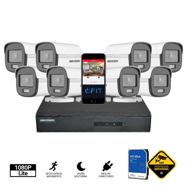 KIT HIKVISION DVR 8CH + 8 bullet Colorvu + Disco 500GB + Conec