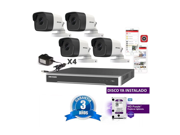 Kit NVR Hikvision IP 7616 con 4 Cámaras 1023, Fuente y Disco Duro