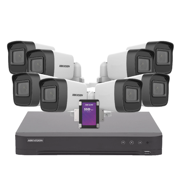KIT HIKVISION DVR 8CH + 8 bullet + Disco 512SSD Purple + Cable