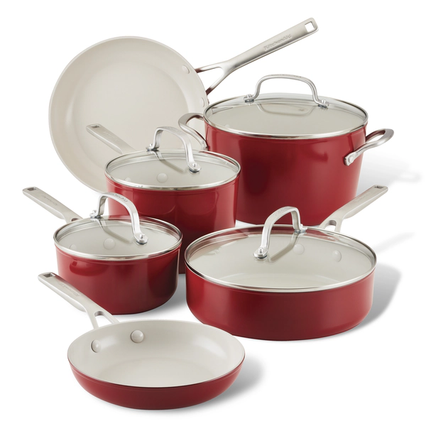 Batería de cocina Kitchenaid 10 pzs cerámico anodizado roja