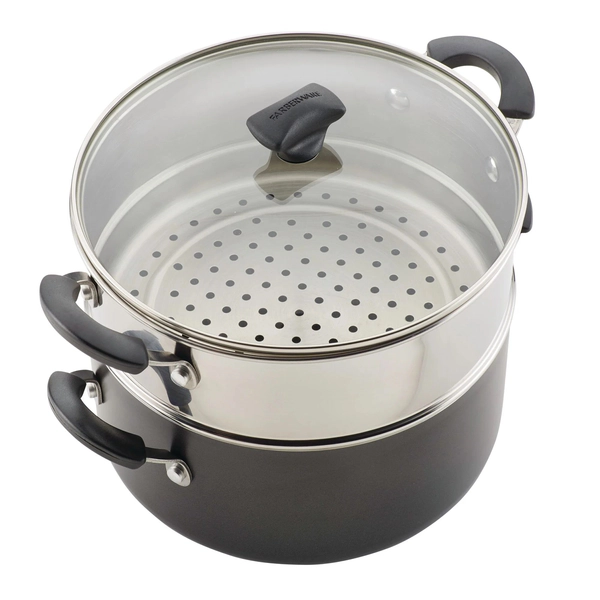 Olla con tapa y vaporiera Farberware 5,5lt antiadherente negra