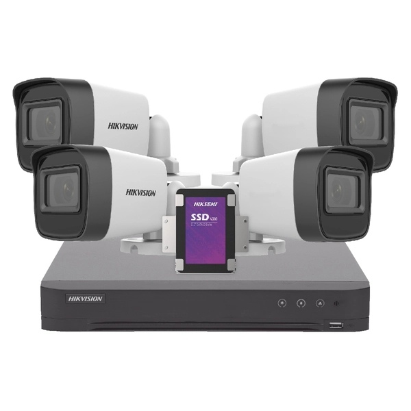KIT HIKVISION DVR 4CH + 4 bullet + Disco 512SSD Purple + Ficha