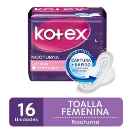 Kotex Nocturna Toallas Femeninas C/Alas 16 Unidades