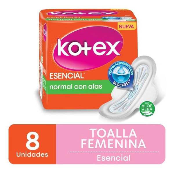 Kotex Esencial Toallas Femeninas Normal Con Alas 8 Unidades