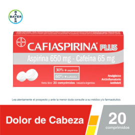 Cafiaspirina Plus con Aspirina 650mg + Cafeína 65mg x 20 Comprimidos