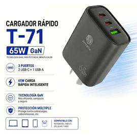 Cargador Rápido 65w JD T71 Triple Puerto Carga Inteligente